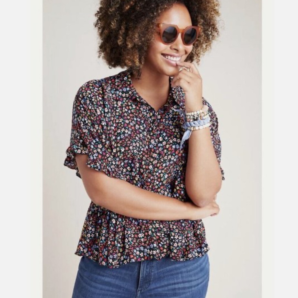 Maeve x Anthropologie | Floral Colorful Button Up Flowy Blouse